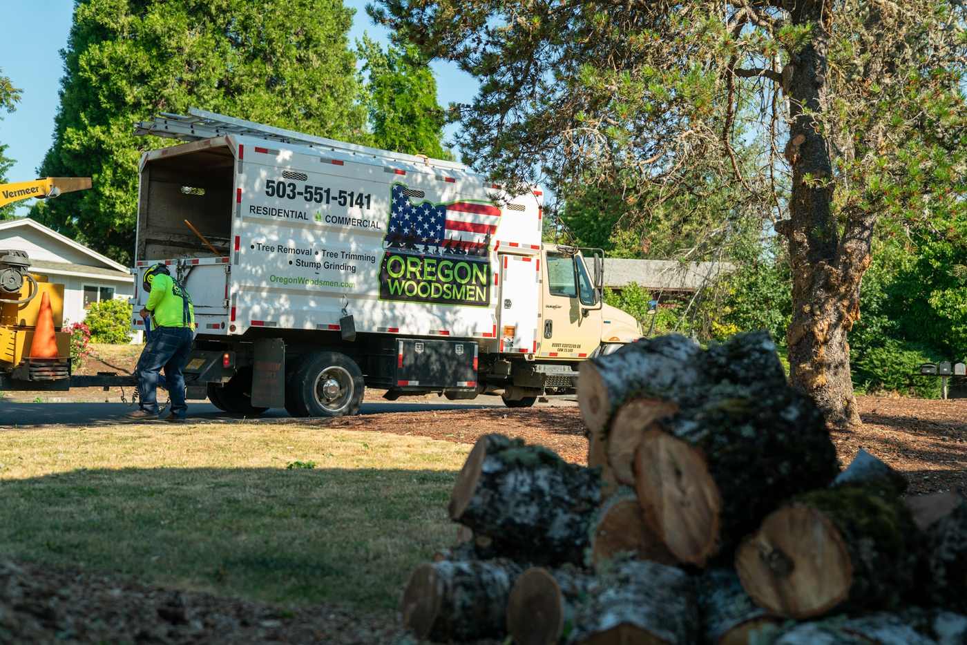 Logs stacked beside the chip truck after a removal